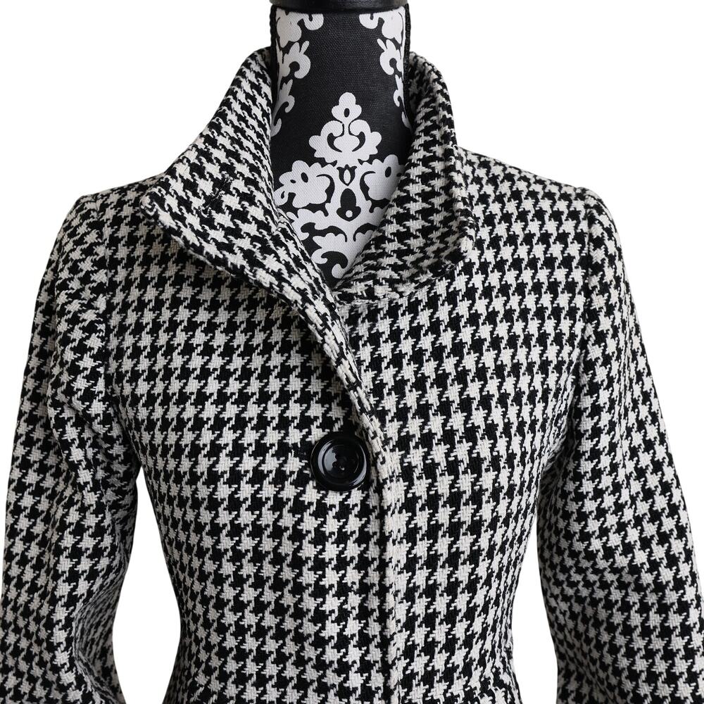 Classic Preppy Houndstooth Wool Blend Pleated Peplum Button Up Peacoat - M - Picture 13 of 13